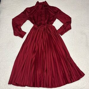 On 34th Women Red Satin Tie Neck Micro Pleated Midi Dress